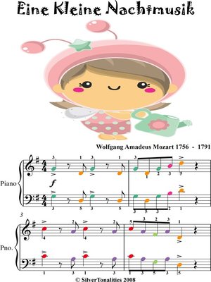 cover image of Eine Kleine Nachtmusik Easy Piano Sheet Music with Colored Notes